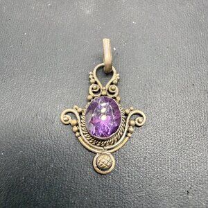 Vintage Sterling Silver Pendant Amethyst Gemstone Ornate Scrollwork Design